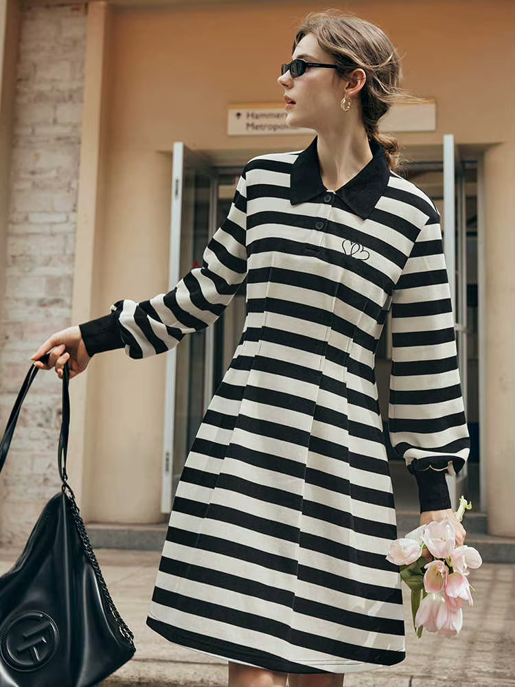 Robe pull décontractée OLrain pour femme, col polo, coupe trapèze, rayée, manches longues brodées, c