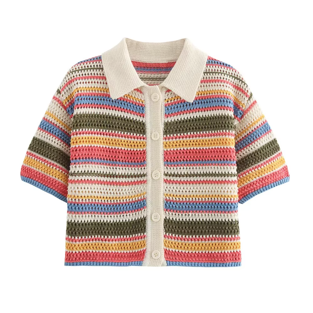 Pull court rayé en tricot au crochet pour femme, col polo, manches courtes, boutonné, pull femme, ch