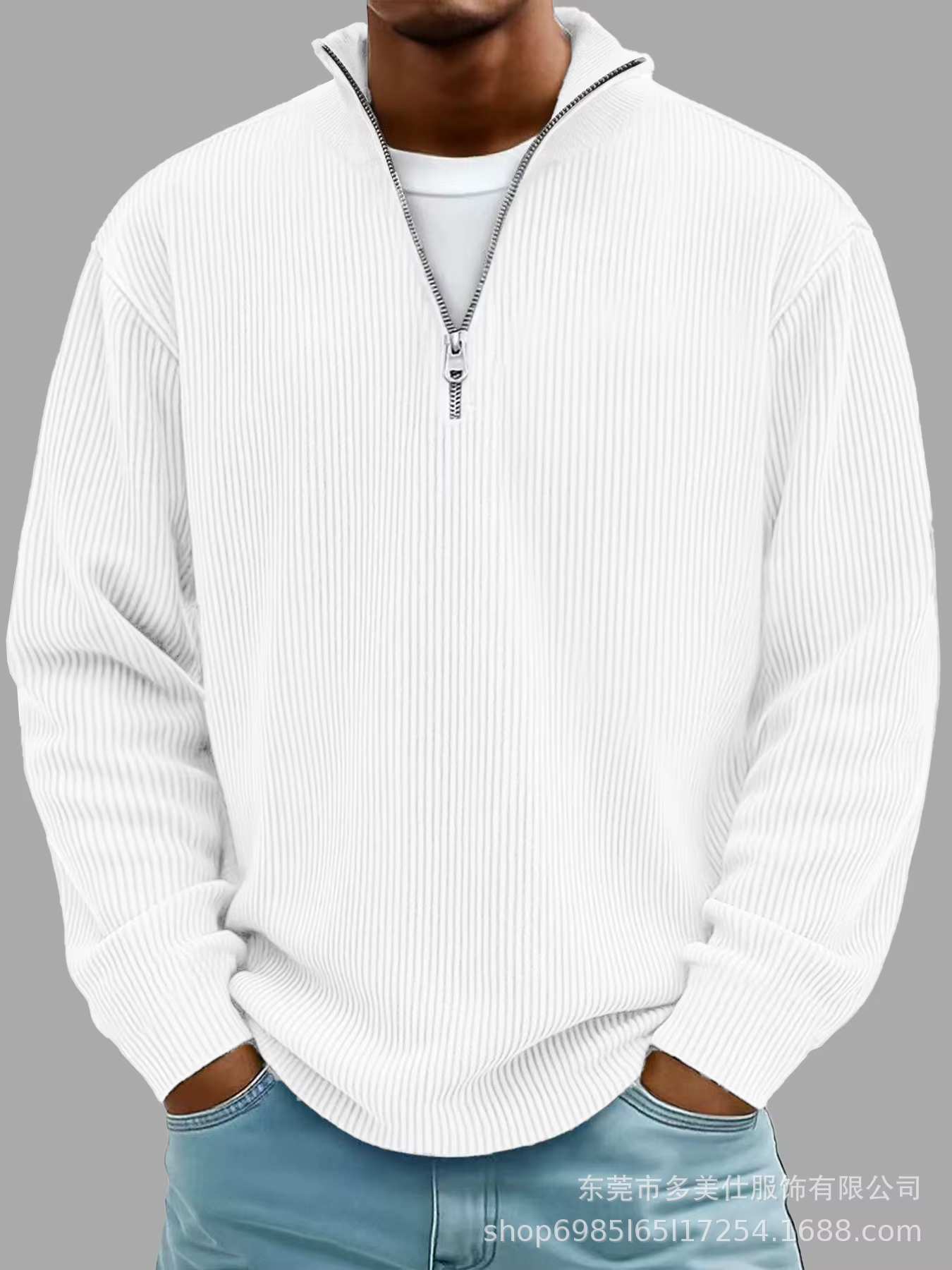 Polo en velours côtelé à col montant et fermeture éclair pour homme, manches longues, décontracté, p