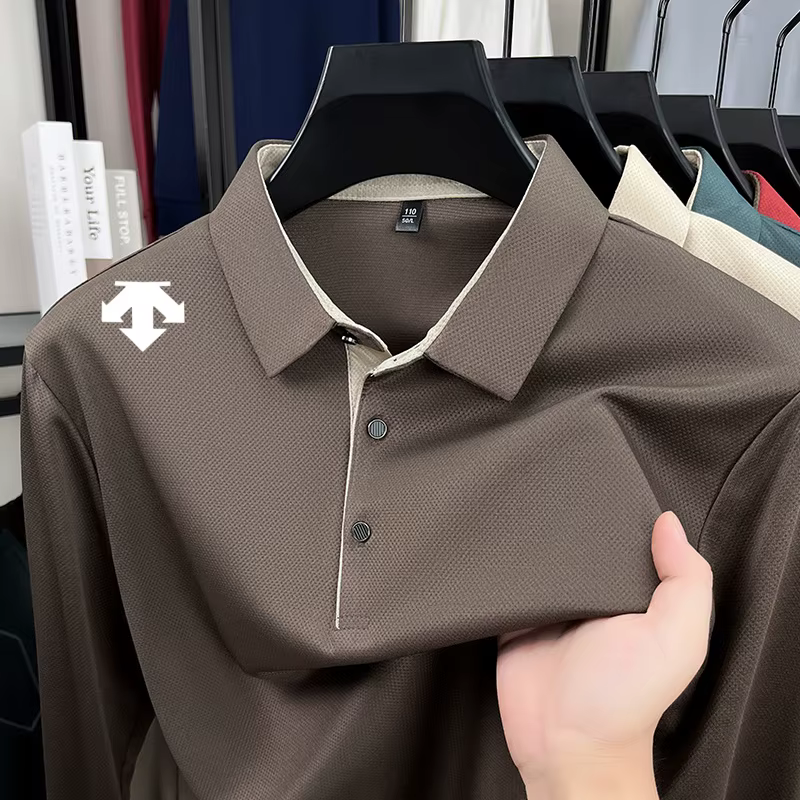 Nouveau Polo Imprimé Décontracté pour Homme, T-shirt à Manches Longues et Col Revers Couleur Unie, Q