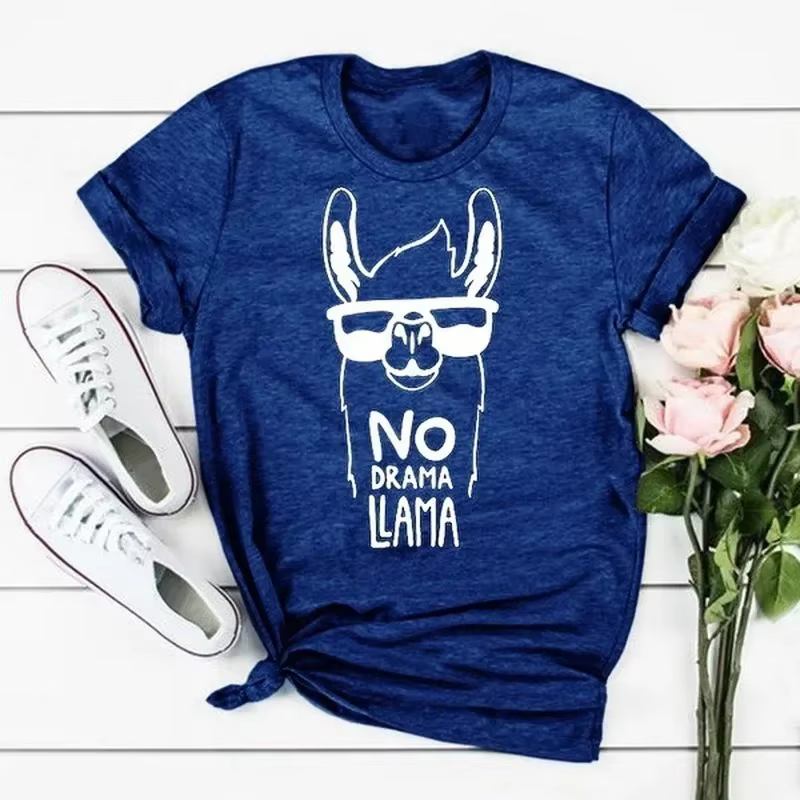 Pas de drame lama alpaga imprimé t-shirt femmes à manches courtes col rond t-shirt ample été femmes 