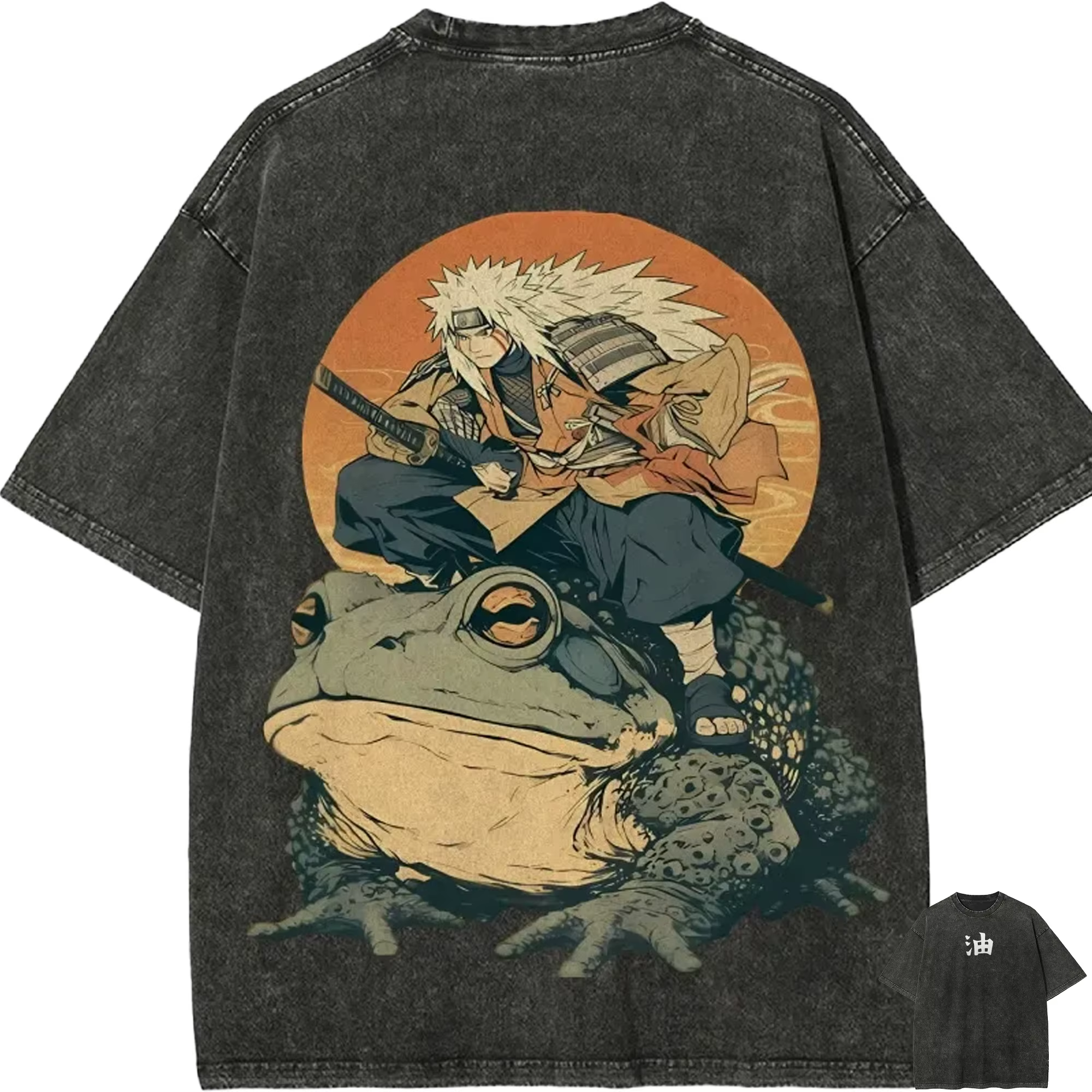 T-shirt Naruto Jiraiya Gamabunta Ukiyo-e Vintage Acid Wash Streetwear Oversized Rétro Anime Graphiqu
