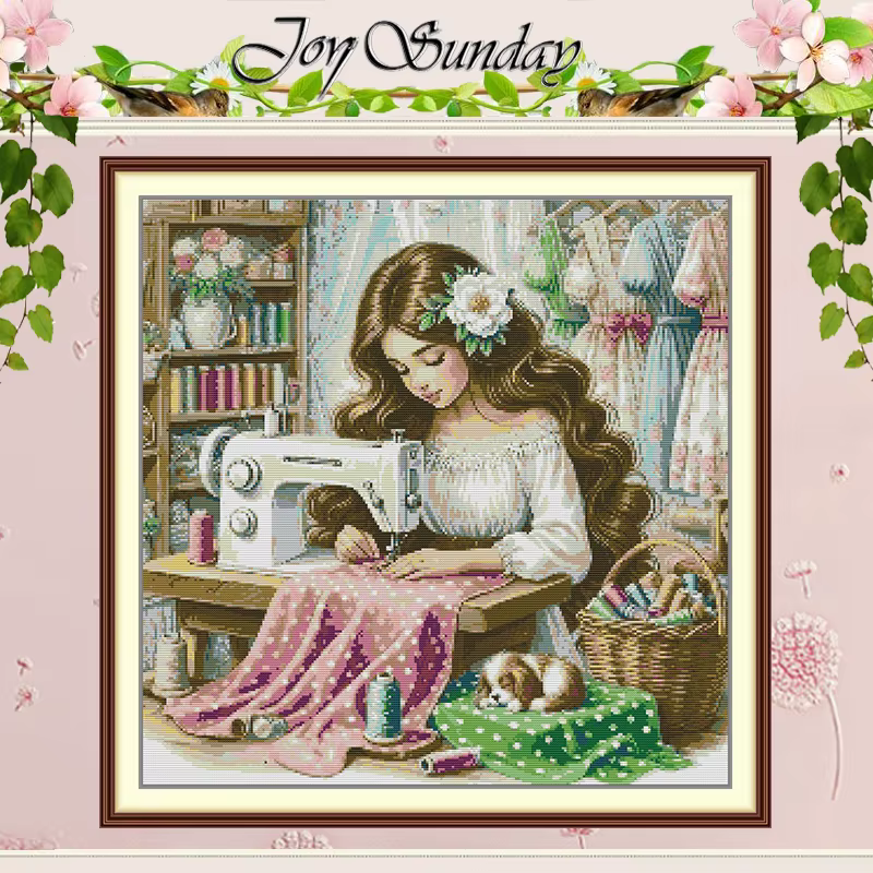 Kit de Broderie Point de Croix Pré-imprimé The Sewing Girl – Motifs Comptés DIY 11CT 14CT 16CT HD DM