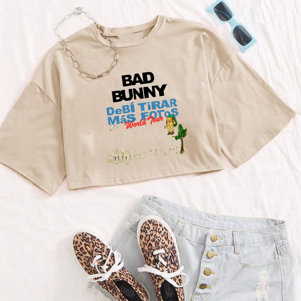 T-shirt Bad Bunny Tour 2025-2026 pour femme, col rond, manches courtes, crop top, cadeau pour les fa