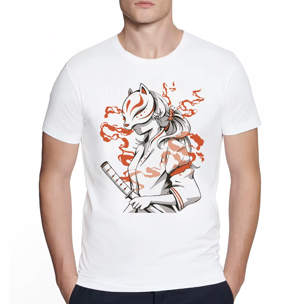 T-shirt imprimé masque de renard Kitsune pour hommes, fille d'anime japonaise Kawaii, t-shirt à manc