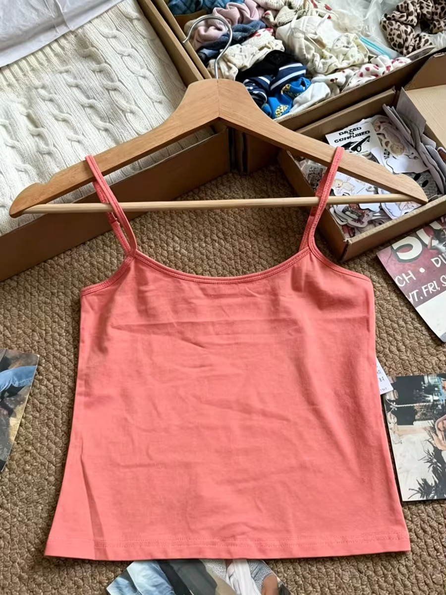 Nouveau débardeur court orange pour femme, en coton, à bretelles réglables, style décontracté, uni, 