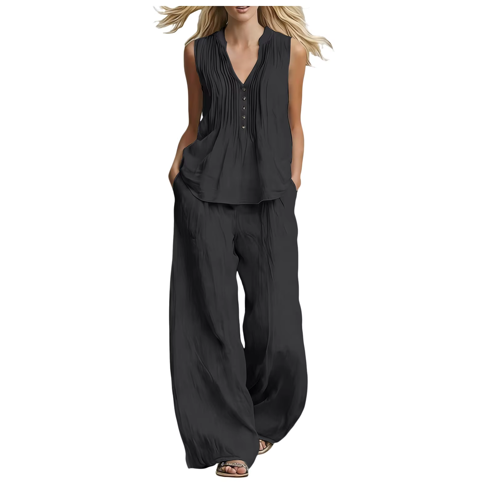 Ensemble deux pièces décontracté pour femme : Gilet sans manches et pantalon long à jambes larges, c