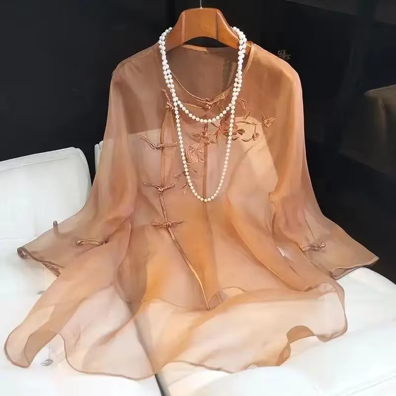 Chemisier à manches trois-quarts anti-UV pour femme, broderie chinoise vintage, en organza, nouvelle