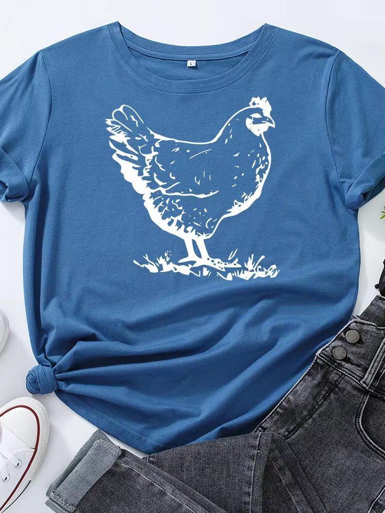 T-shirt manches courtes col rond femme, estival et jetable, avec impression poule blanche