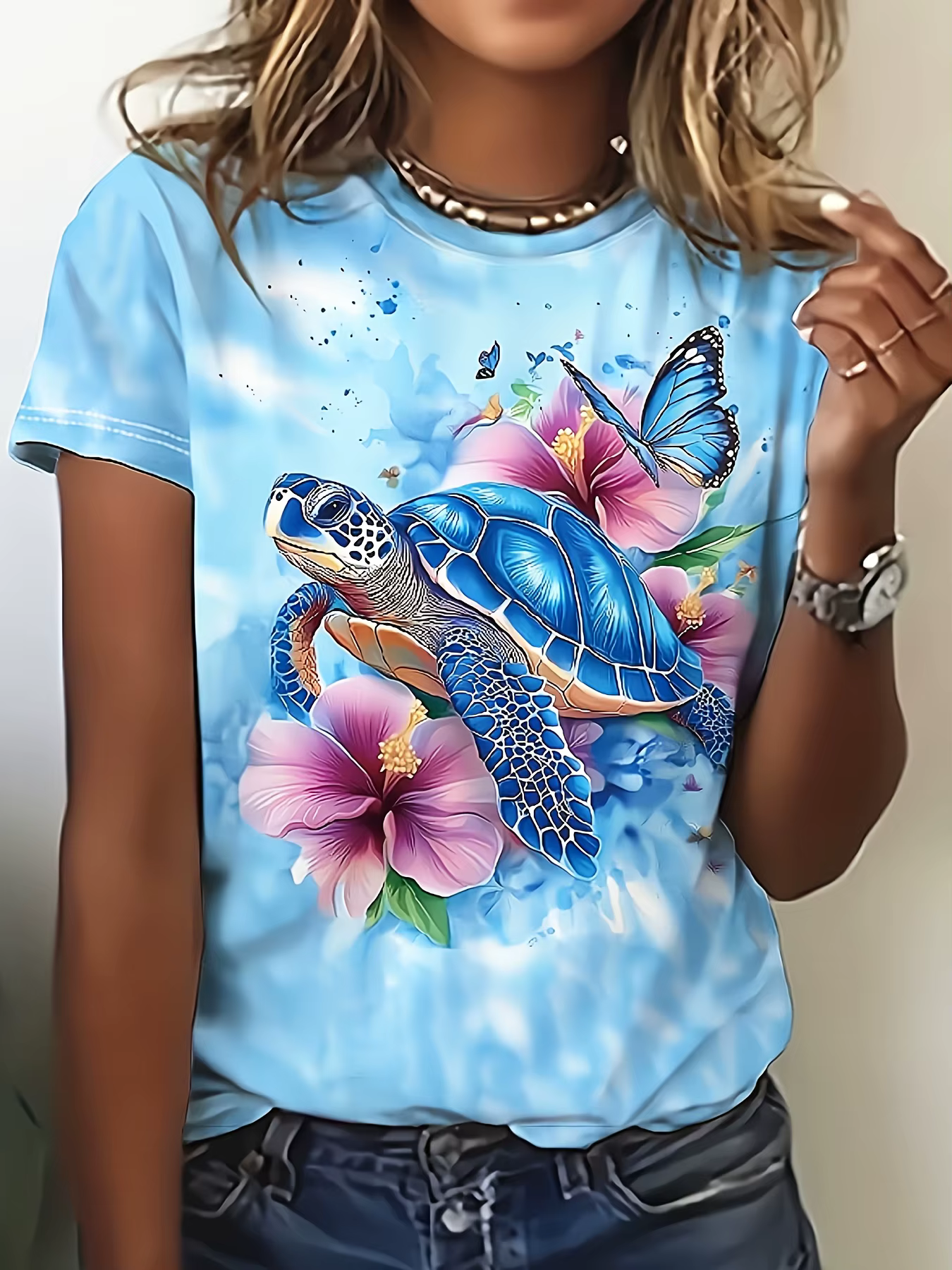 T-shirt bleu clair pour femme - Imprimé tortue bleue et hibiscus, motif tropical de plage pour un us