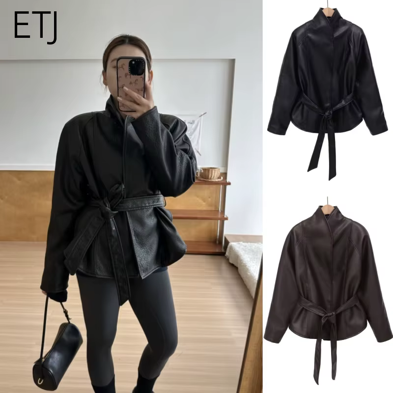 Veste Courte Ceinturée en Similicuir PU Vintage pour Femme ETJ, Col Montant, Collection Printemps 20
