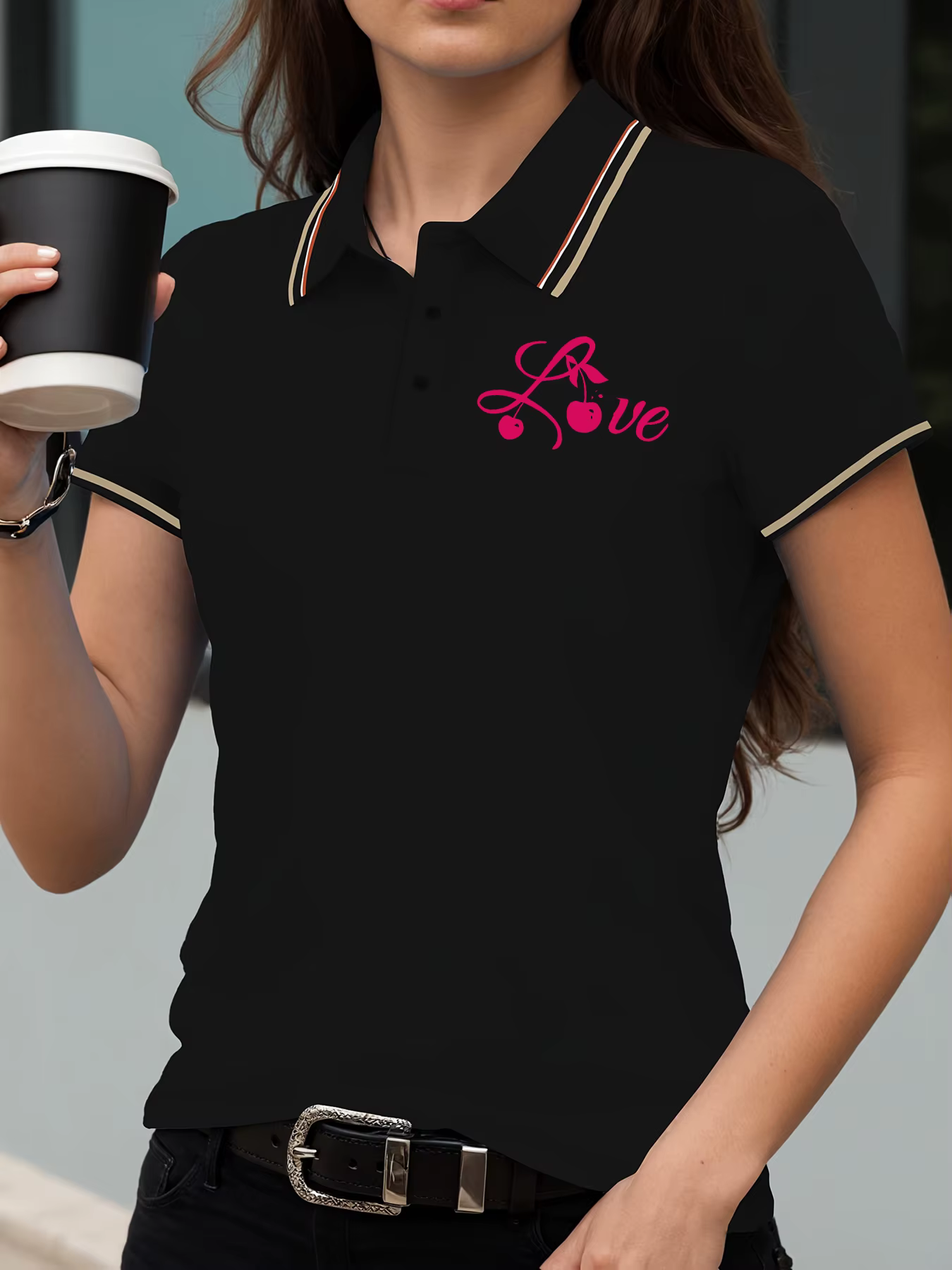 T-shirt manches courtes col Polo contrasté pour femme, vêtement d'été confortable et doux, avec lett