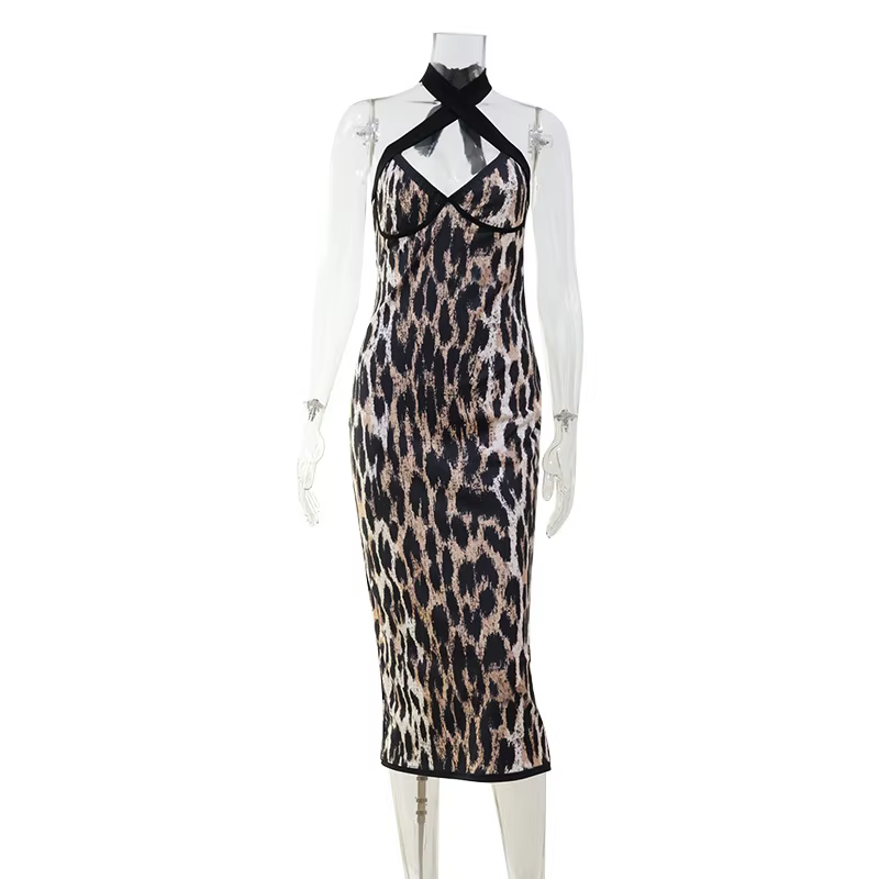 KIDCRKJ Robes pour femmes à imprimé léopard, col licou en V, style portefeuille, mode chic, moulante