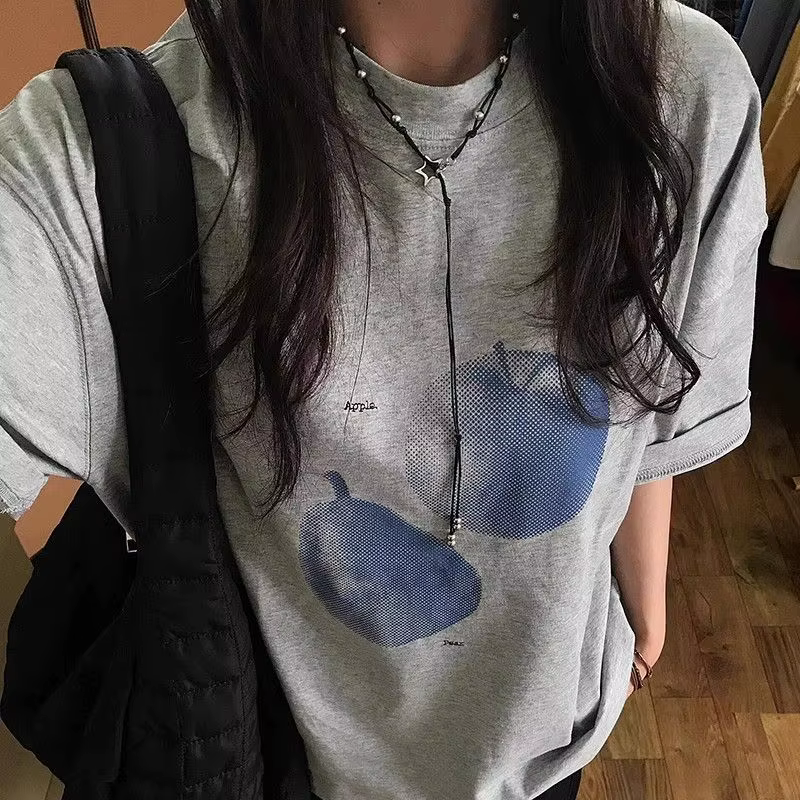 T-shirt imprimé fruits bleus pour hommes et femmes pur coton rétro mode d'été tendance confortable C