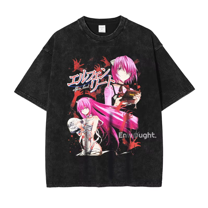 Anime Elfen Lied T-shirt Vintage lavé Y2K Manga motif haut t-shirts surdimensionné à manches courtes
