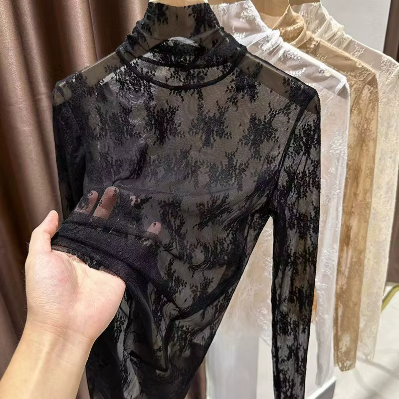 Femmes Sexy à manches longues dentelle Blouses col haut vêtements intérieurs dentelle Crochet t-shir