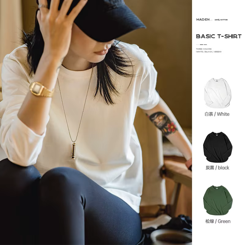 T-shirt Basique à Manches Longues Maden pour Femmes Col Rond Tops en Coton Coupe Lâche Couleur Unie