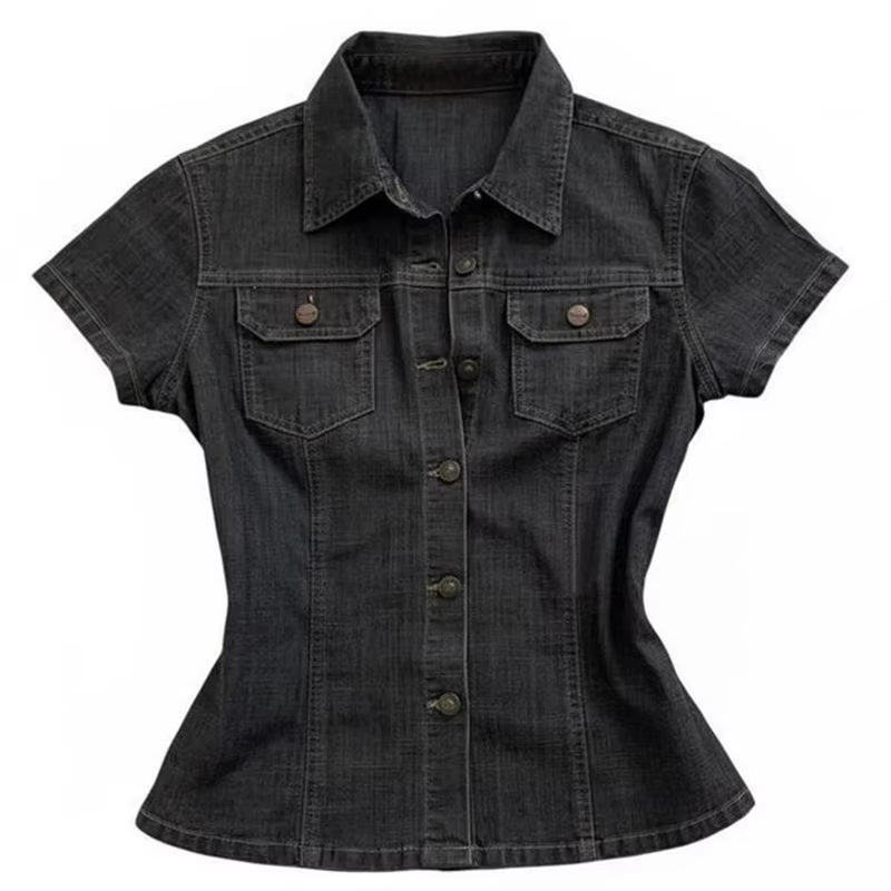 Chemise en jean gris pour femme, manches courtes, style rétro Y2K années 90, coupe ample, boutonnée,