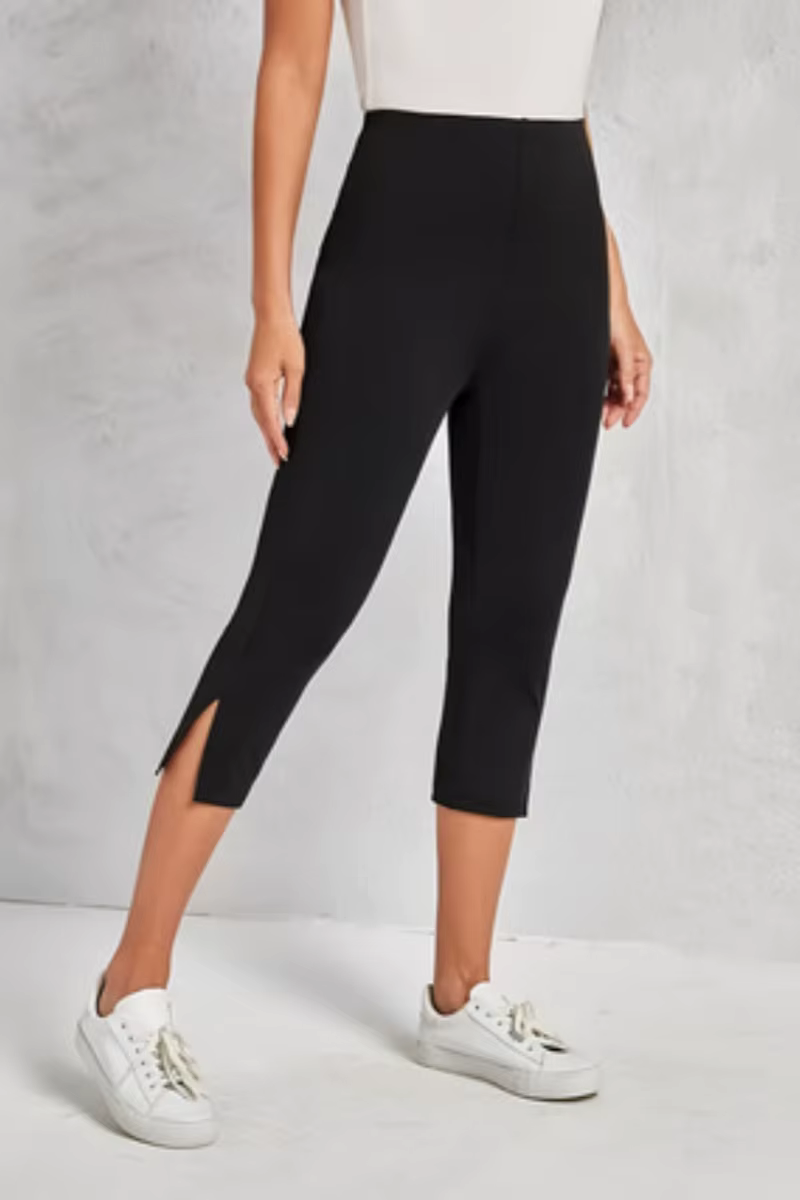 Pantalon noir taille haute fendu pour femmes, mode sept-huitième