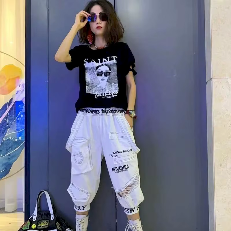 T-shirt en coton imprimé à motif d'oeil pour femmes, manches courtes, design de mode, tendance d'été