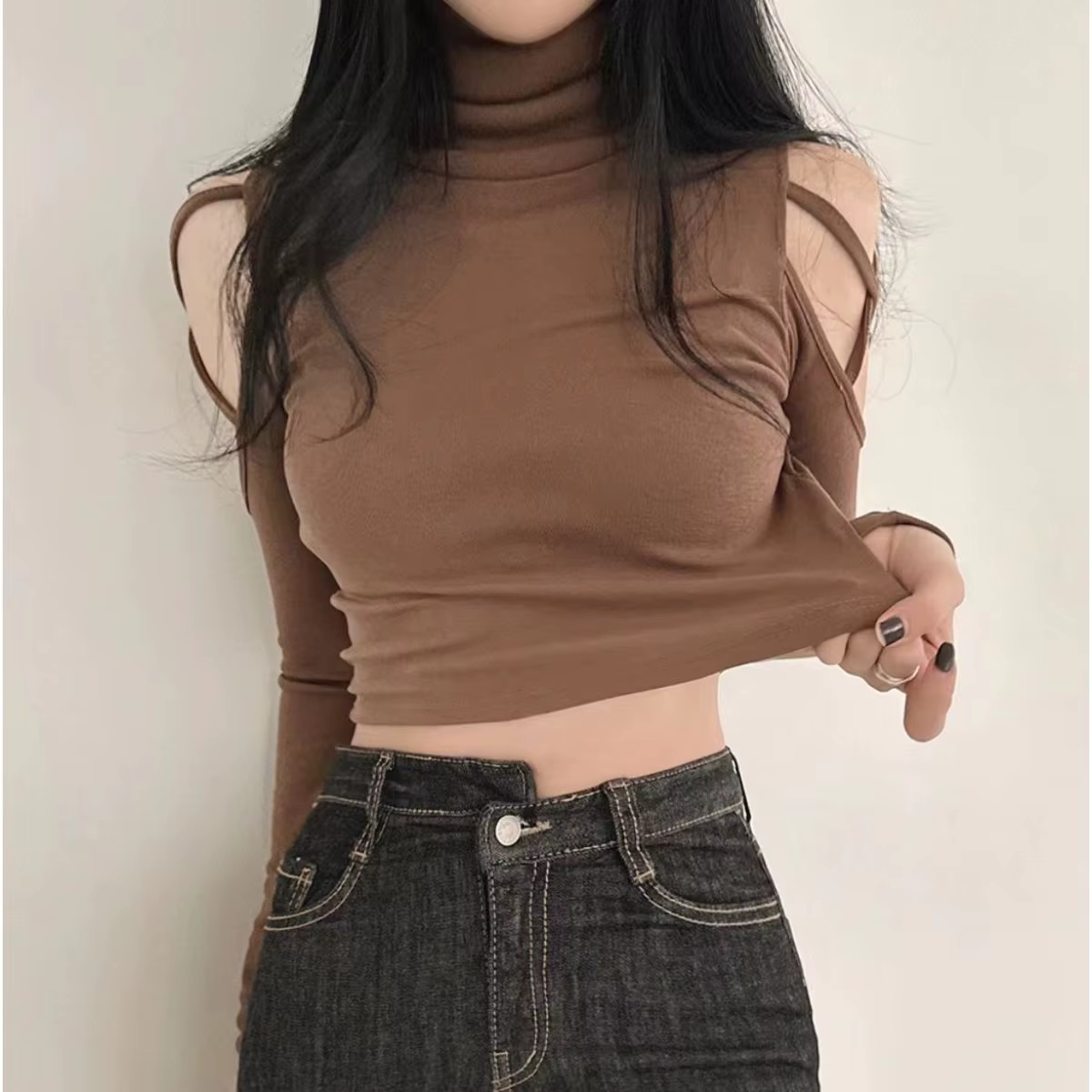 Hauts femme mince épaules dénudées Sexy culture marron à manches longues t-shirt pour femmes col rou