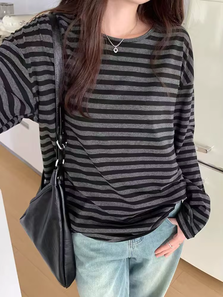 T-shirt rayé à manches longues et col rond pour Femme, haut surdimensionné, décontracté, Streetwear,