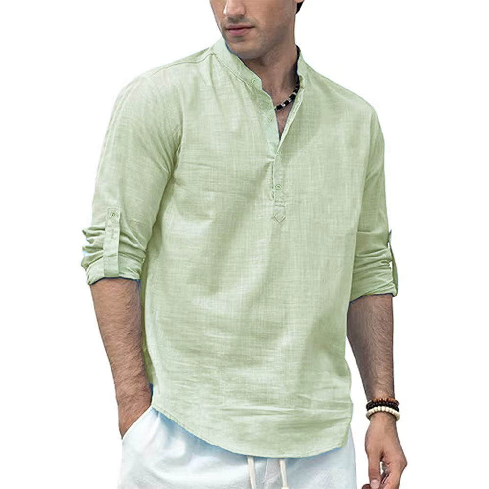 Polo à manches longues en coton et lin pour hommes, léger, col Henley, Style plage hawaïen, couleur