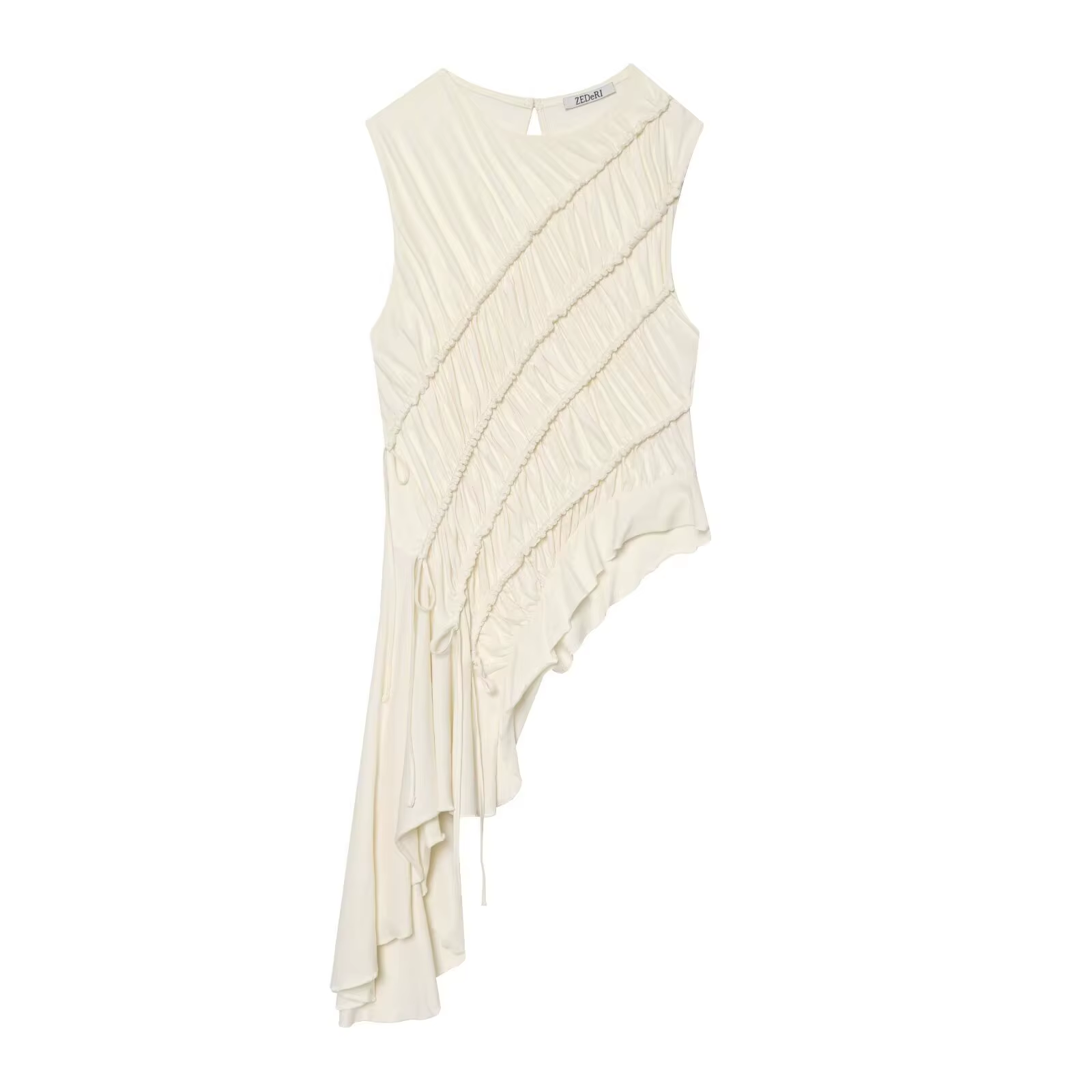 Gilet plissé asymétrique sans manches, haut amincissant, design à col rond, mode unique et tendance,