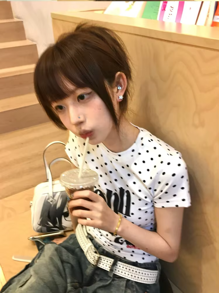 Tonngirls Harajuku imprimé graphique hauts femmes à manches courtes à pois T-shirt Y2k japonais Vint