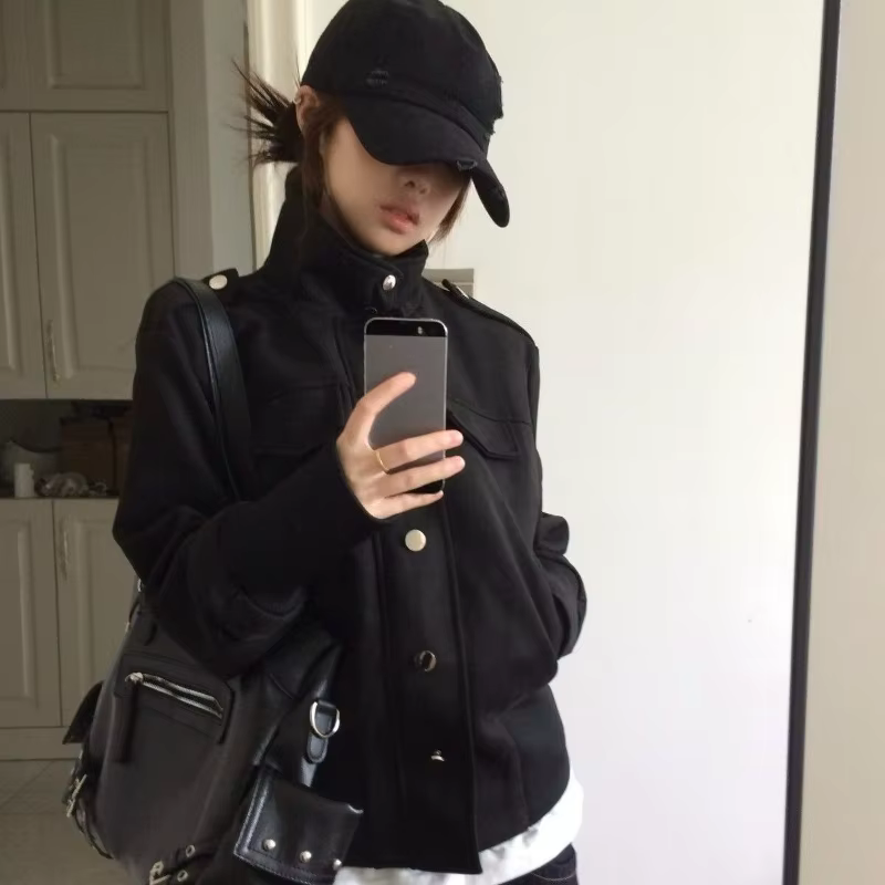 Veste à manches longues style vintage américain, col montant, manteau moulant automne-hiver, streetw