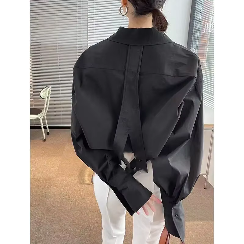 Chemise noire à manches longues pour femmes, vêtements pour femmes, mode française unique, col polo,