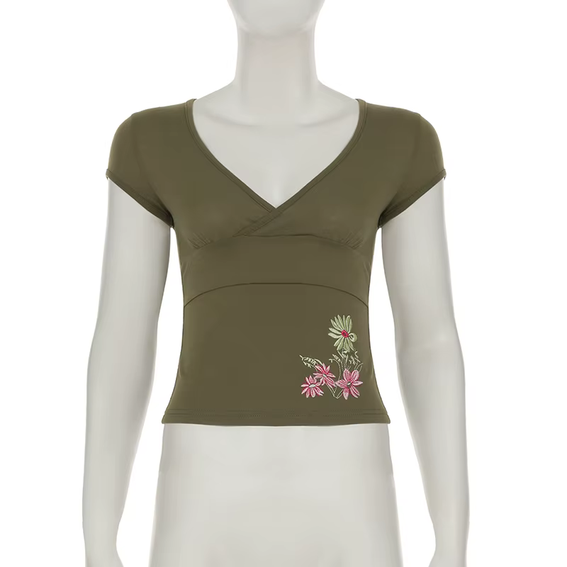SUCHCUTE rétro Geen broderie florale col en V manches hauts Y2k femmes mince T-shirt Chic Streetwear