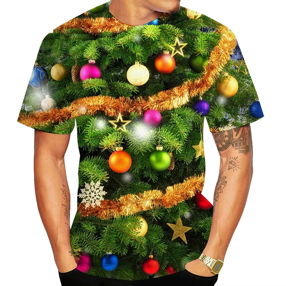T-shirt de Noël : imprimé arbre lumineux 3D avec effets spéciaux |   L'article de mode d'ouverture p