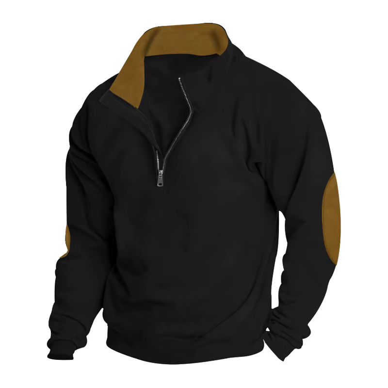 Sweat-shirt à col montant zippé pour homme, avec empiècements aux coudes, décontracté, à manches lon