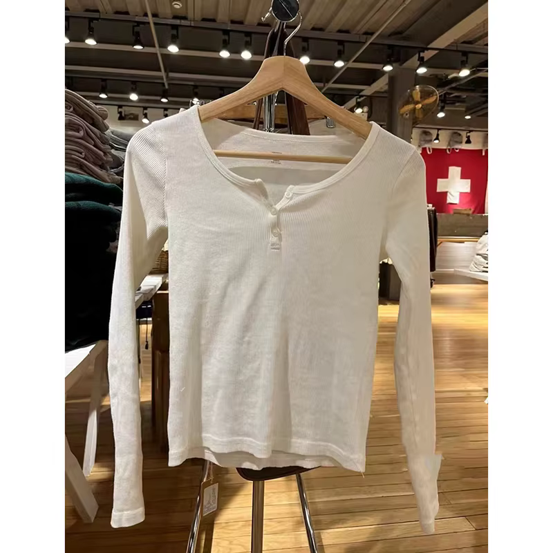 T-shirt manches longues col rond femme, streetwear, décontracté, rétro, blanc, bouton de lit, coton,