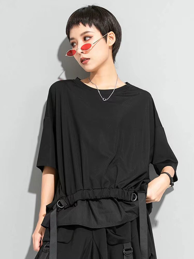 AmaxluluE 2025 été mode T-shirt femmes noir à manches courtes T-shirt dames décontracté Patchwork ha