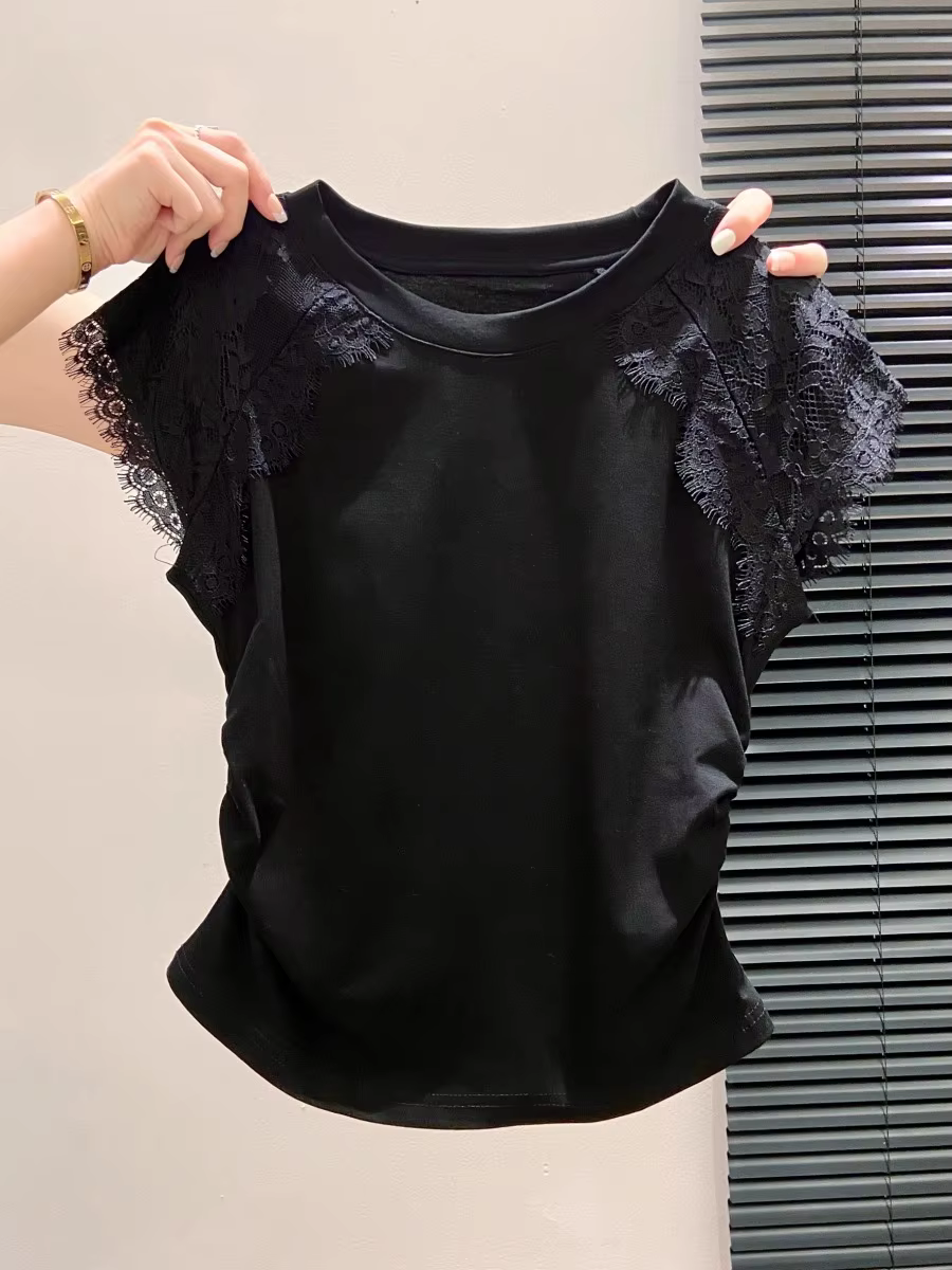 T-shirt en dentelle Patchwork pour femmes, élégant, plissé, Slim, basique, bas, doux, manches courte