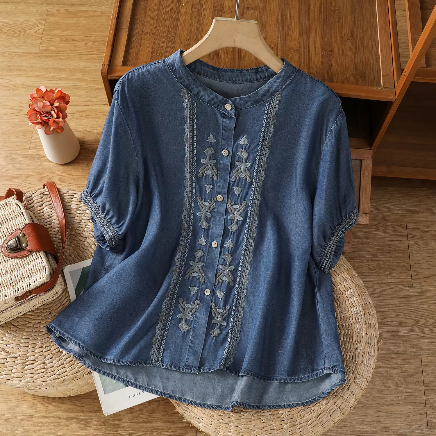 Chemisier en jean brodé pour femme, nouvelle mode estivale, style littéraire rétro, coupe fine, drap