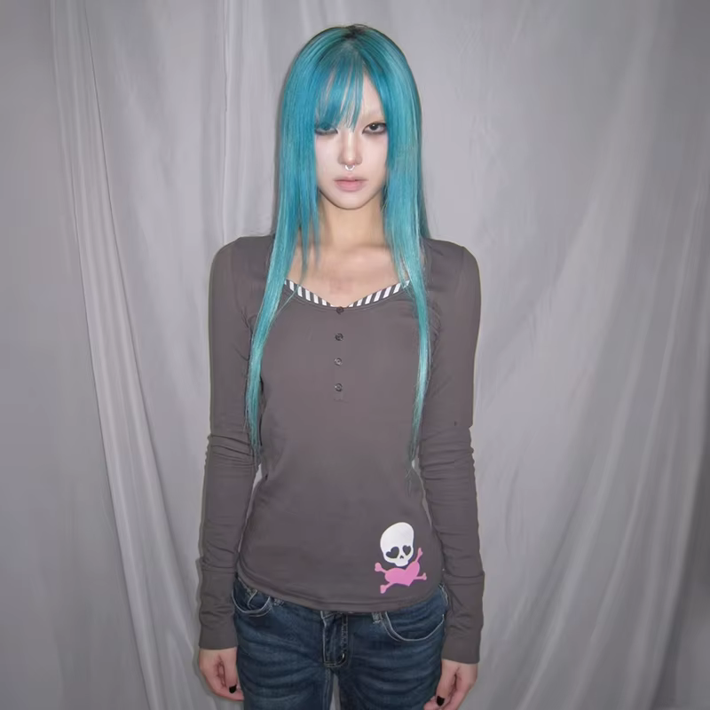Karrcat Trashy Y2k T-shirt imprimé crâne Grunge esthétique faux deux pièces hauts Vintage années 200