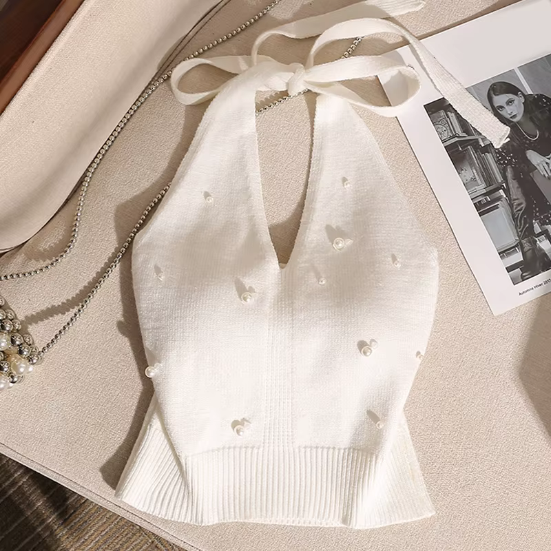 Hauts Halter pour femmes, Camisole à col Halter avec fausses perles perlées, Blouse en tricot doux e