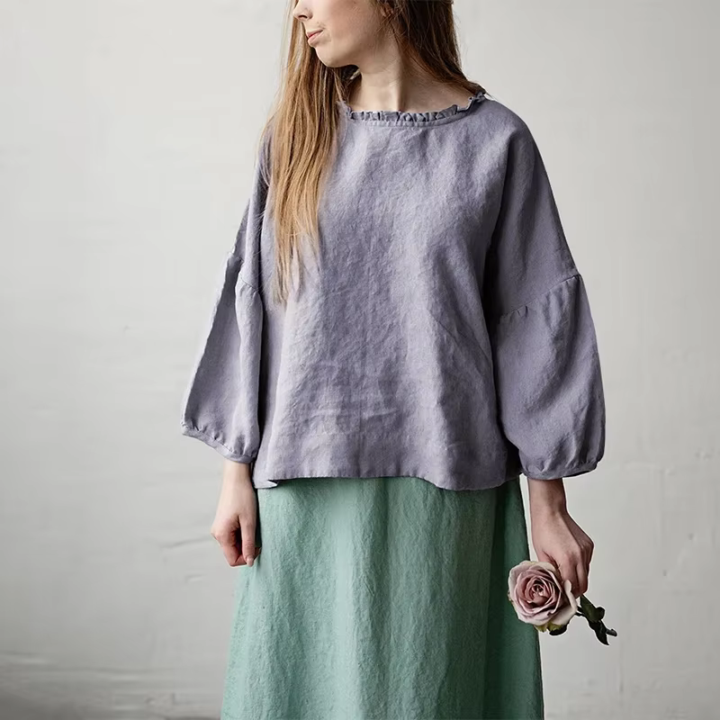 T-Shirt en Lin Rétro pour Femme, Décontracté, Col Rond, à Volants, Manches sulf, Printemps Automne