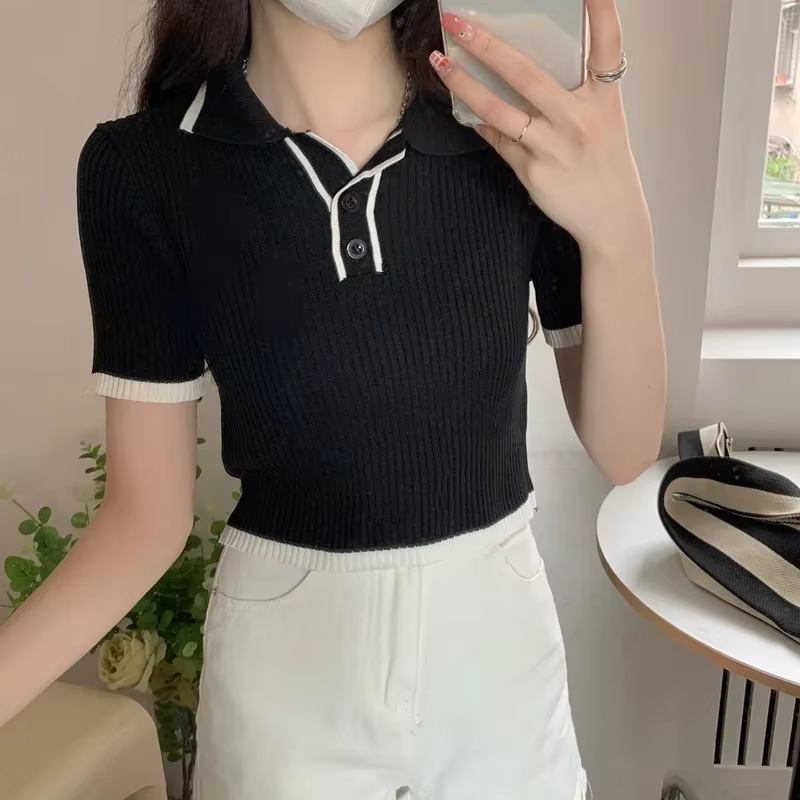 T-shirt en tricot à col polo à manches courtes pour femme, couleur contrastée, tricot côtelé, crop t