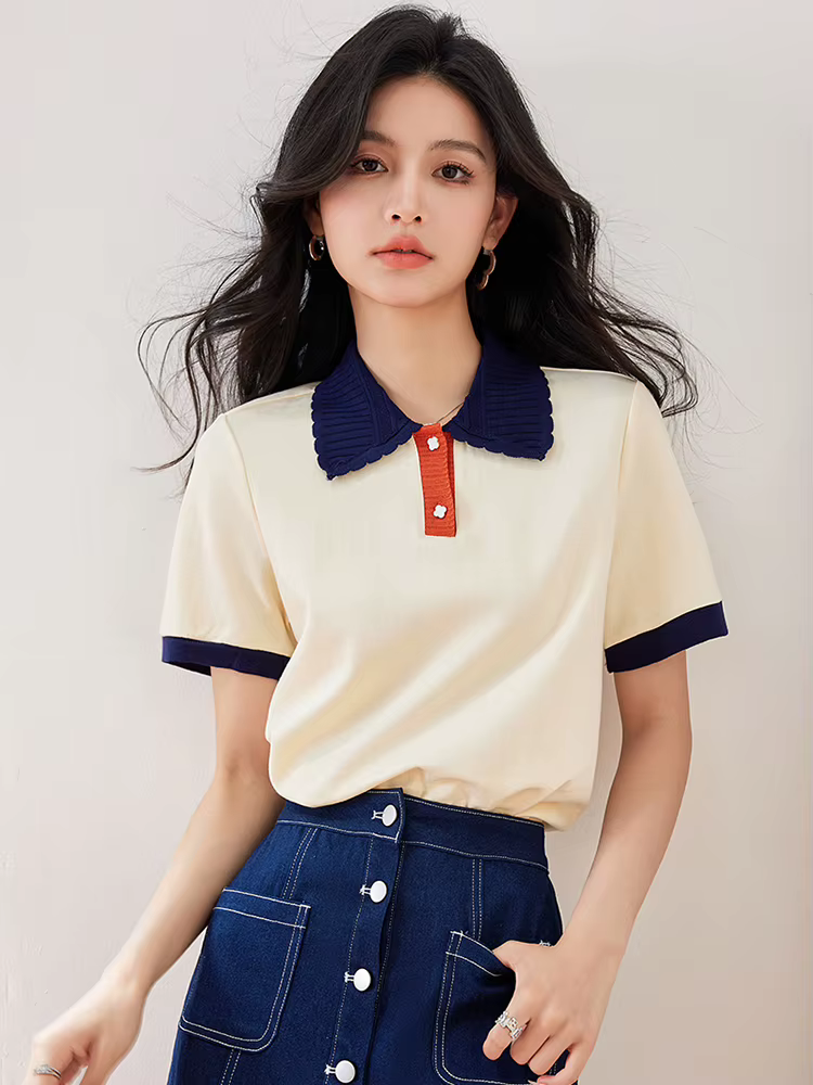 T-shirt slim à revers pour femmes, haut décontracté, mode coréenne, été, 2024