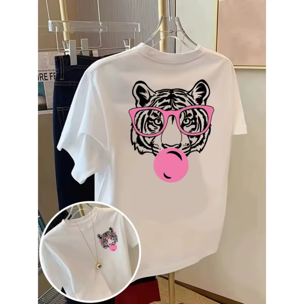 T-shirt imprimé recto-verso avec motif de lunettes de soleil tendance motif tigre cool pour femmes e