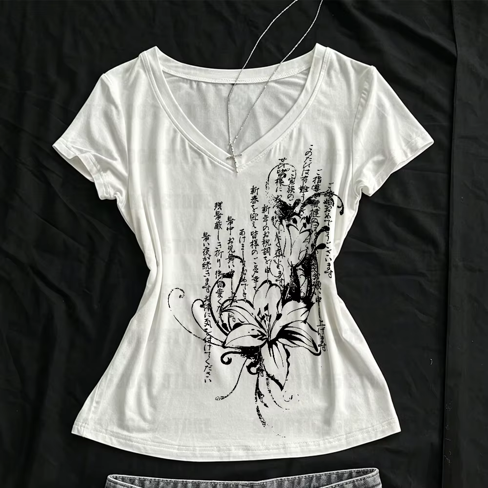 T-shirt pour femme, imprimé gothique d'été, manches courtes, coupe ajustée, tops graphiques, style g