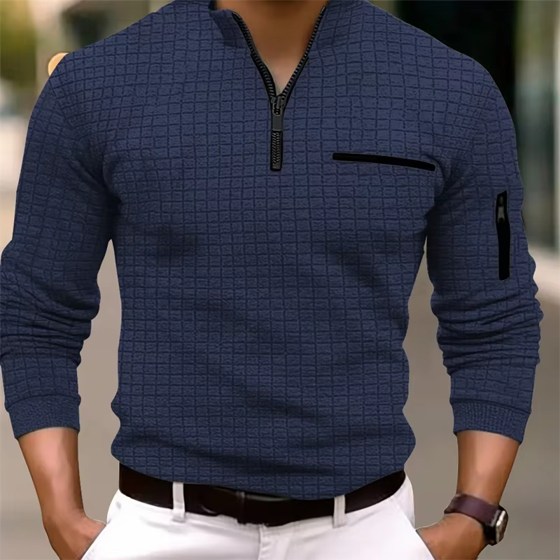 POLO carré rayé à manches longues pour hommes, col à fermeture éclair, style rétro, sport, loisirs d