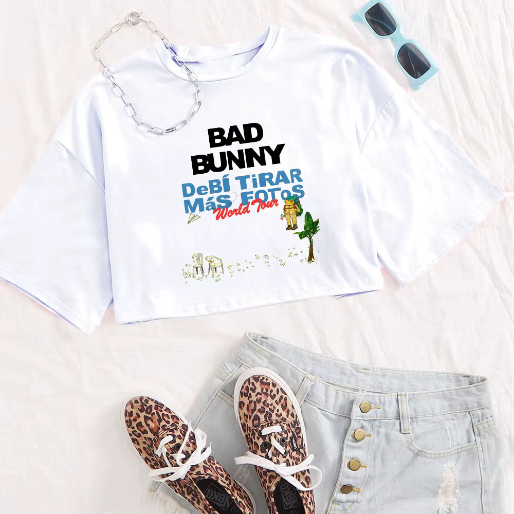 T-shirt Bad Bunny Tour 2025-2026 pour femme, col rond, manches courtes, crop top, cadeau pour les fa