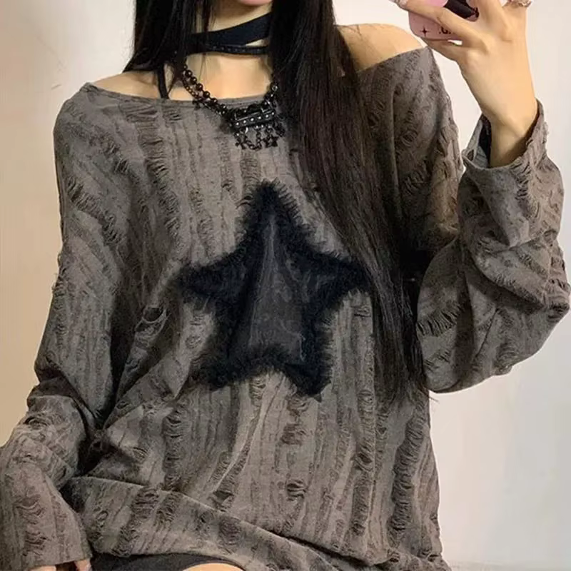 Y2K trou étoile imprimé T-Shirt femmes mode Streetwear épaules nues hauts été surdimensionné Kpop à 
