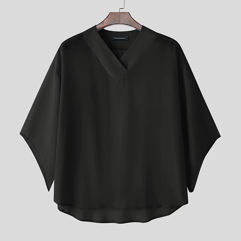 INCERUN hommes t-shirt couleur unie col en V demi manches surdimensionné mâle t-shirt hauts Streetwe