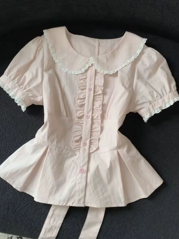 Chemisier d'été rose doux pour femme, avec patchwork en dentelle, col Peter Pan mignon, coupe ajusté